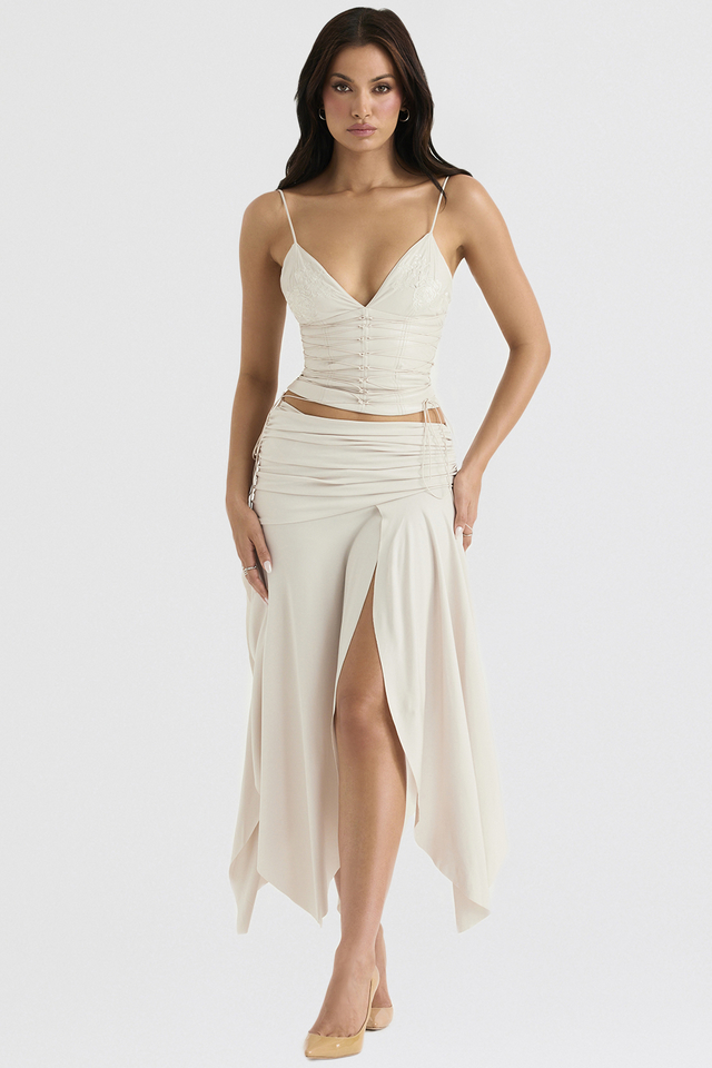 'Kaira' Off White Draped Midi Skirt